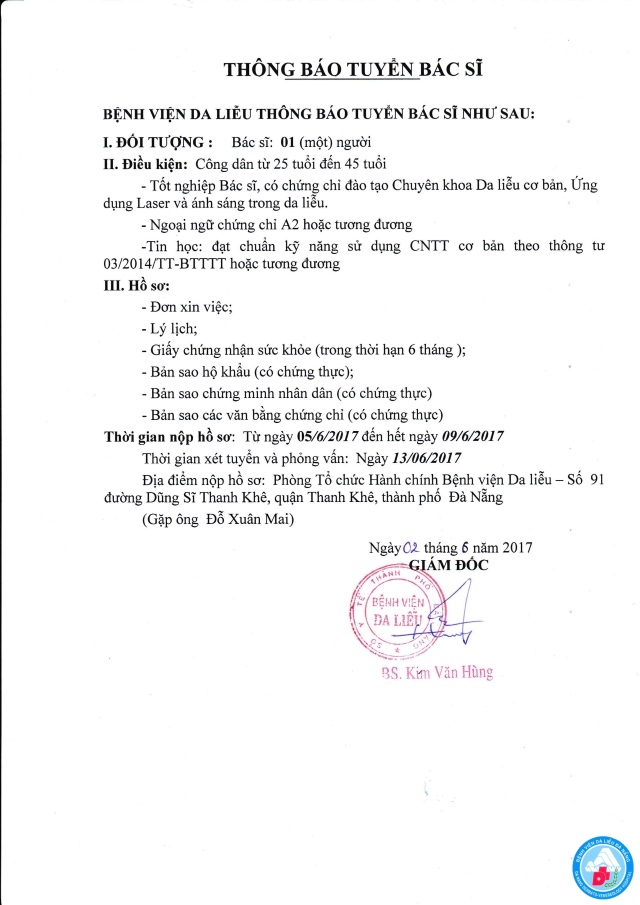 Bệnh viện Da liễu Đà Nẵng thông báo tuyển bác sỹ