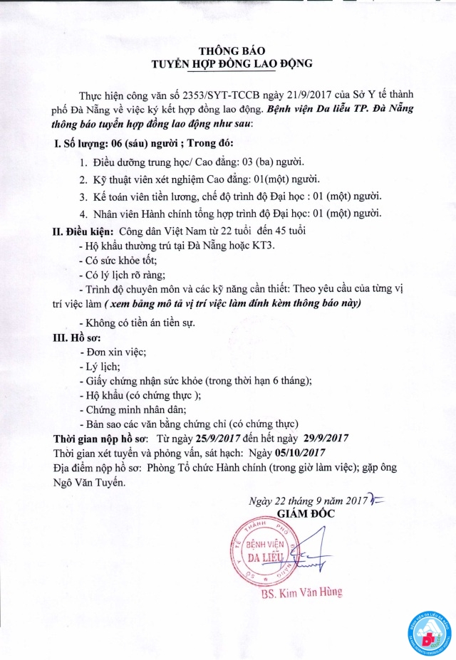 Thông báo tuyển Hợp đồng lao động tại Bệnh viện Da liễu Đà Nẵng