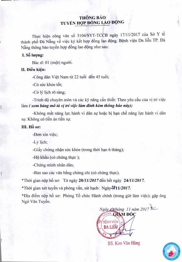 Bệnh viện Da liễu Đà Nẵng thông báo tuyển hợp đồng lao động