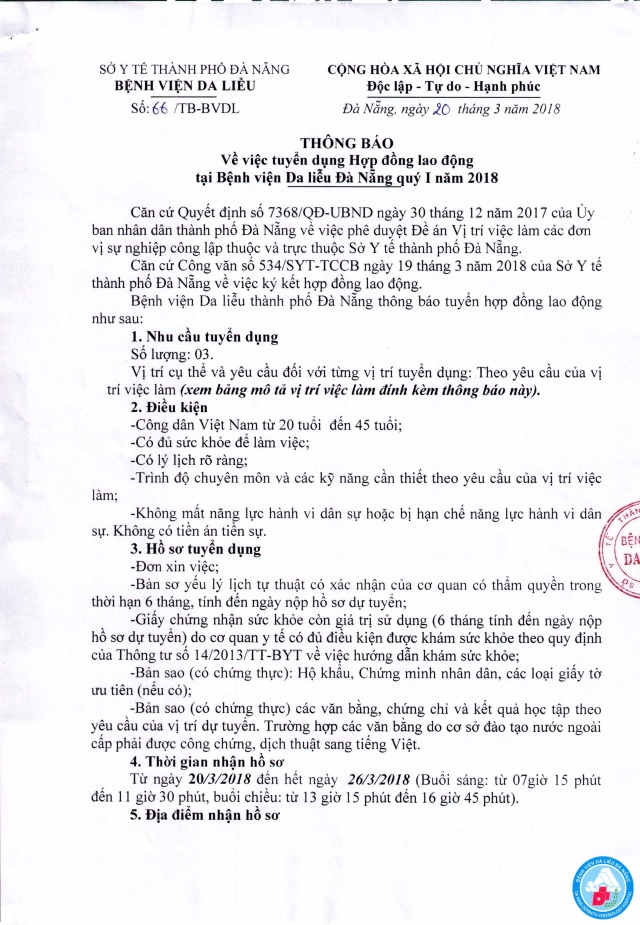 Thông báo về việc tuyển dụng Hợp đồng lao động tại Bệnh viện Da liễu Đà Nẵng Qúy I năm 2018