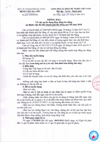 Thông báo về việc tuyển dụng Hợp đồng lao động tại Bệnh viện Da liễu thành phố Đà Nẵng Qúy III năm 2018