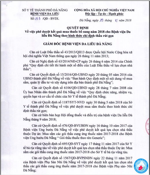 Quyết định phê duyệt kết quả mua thuốc bổ sung năm 2018 của Bệnh viện Da liễu Đà Nẵng