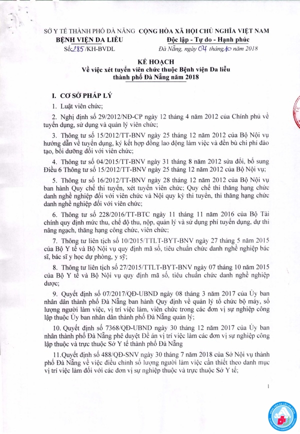 Kế hoạch về việc xét tuyển viên chức thuộc Bệnh viện Da liễu thành phố Đà Nẵng năm 2018