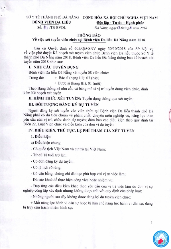 Thông báo về việc xét tuyển viên chức tại Bệnh viện Da liễu Đà Nẵng năm 2018
