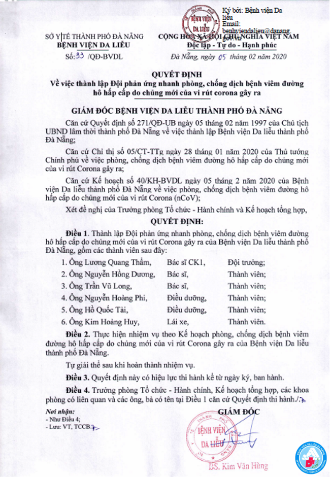 Bệnh viện Da liễu thành phố Đà Nẵng thành lập Đội phản ứng nhanh phòng, chống dịch bệnh viêm đường hô hấp cấp do chủng mới của vi rút Corona gây ra