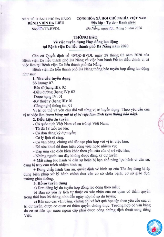 Thông báo về việc tuyển dụng hợp đồng lao động tại Bệnh viện Da liễu thành phố Đà Nẵng năm 2020