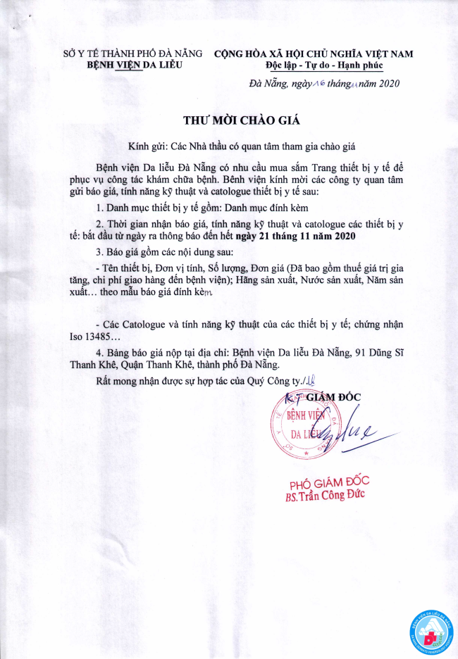 Thư mời chào giá trang thiết bị y tế cho Bệnh vện Da liễu Đà Nẵng