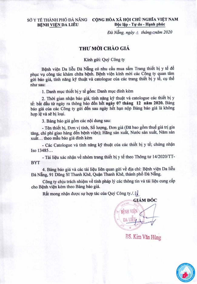 Thư mời chào giá trang thiết bị y tế cho Bệnh vện Da liễu Đà Nẵng