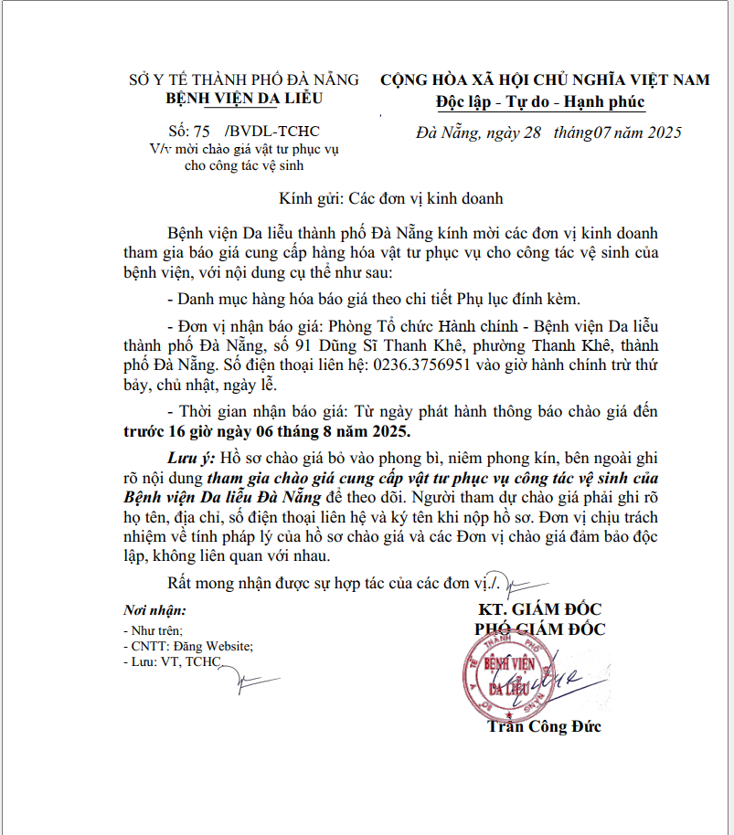 Mời chào giá vật tư phục vụ cho công tác vệ sinh