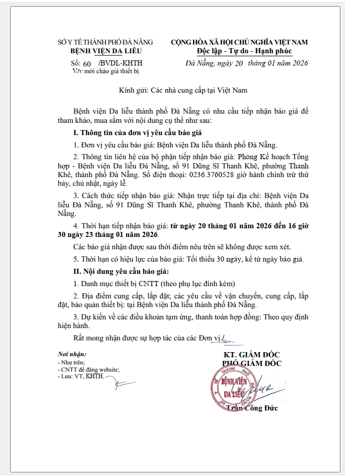 Bệnh viện Da liễu mời chào giá thiết bị