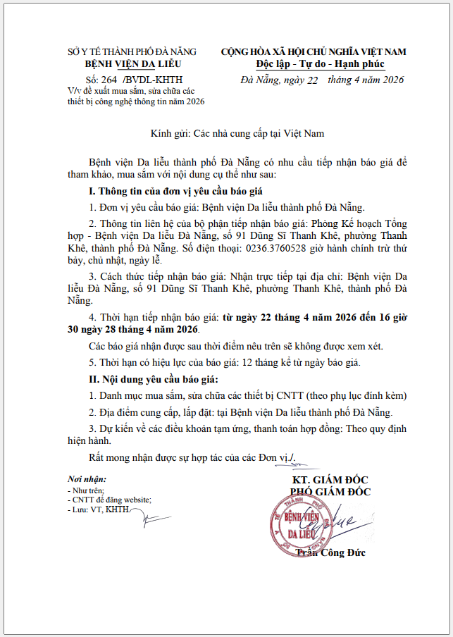Bệnh viện Da liễu thành phố Đà Nẵng mời chào giá mua sắm, sửa chữa các thiết bị công nghệ thông tin năm 2026.