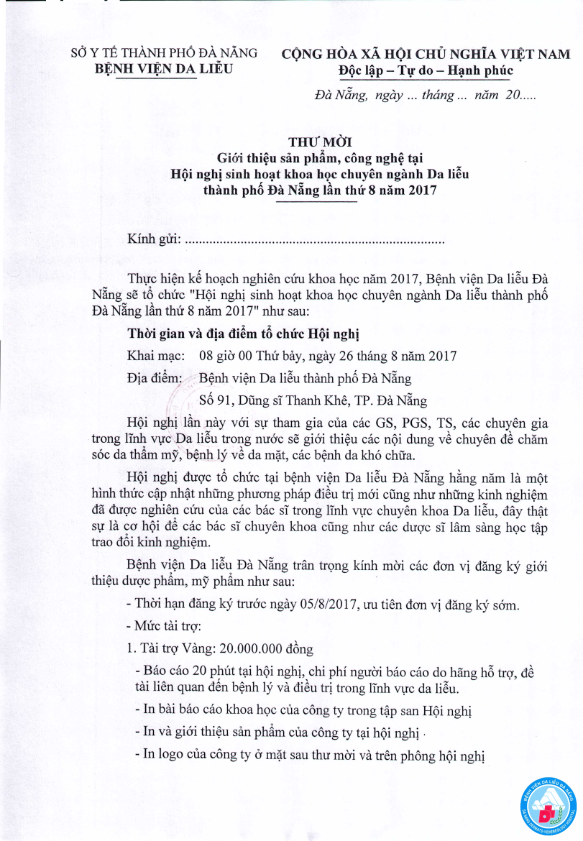Thư mời giới thiệu sản phẩm, công nghệ tại Hội nghị sinh hoạt khoa học chuyên ngành Da liễu thành phố Đà Nẵng lần thứ 8 năm 2017