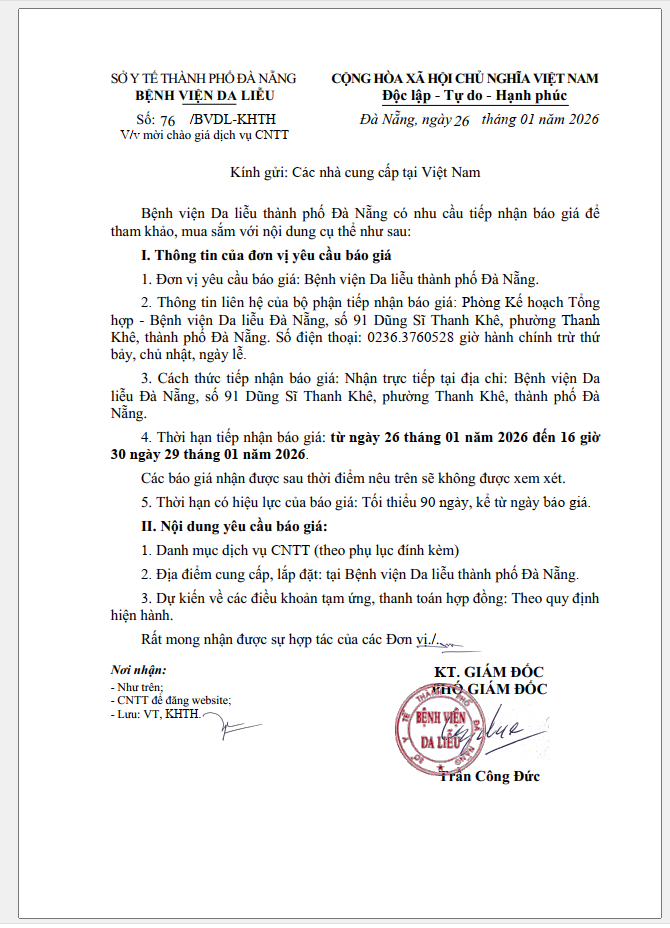 Bệnh viện Da liễu thành phố Đà Nẵng mời chào giá dịch vụ CNTT