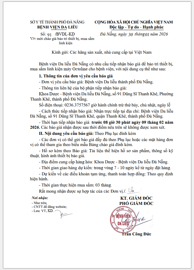 Bệnh viện Da liễu mời chào giá bảo trì thiết bị, mua sắm linh kiện