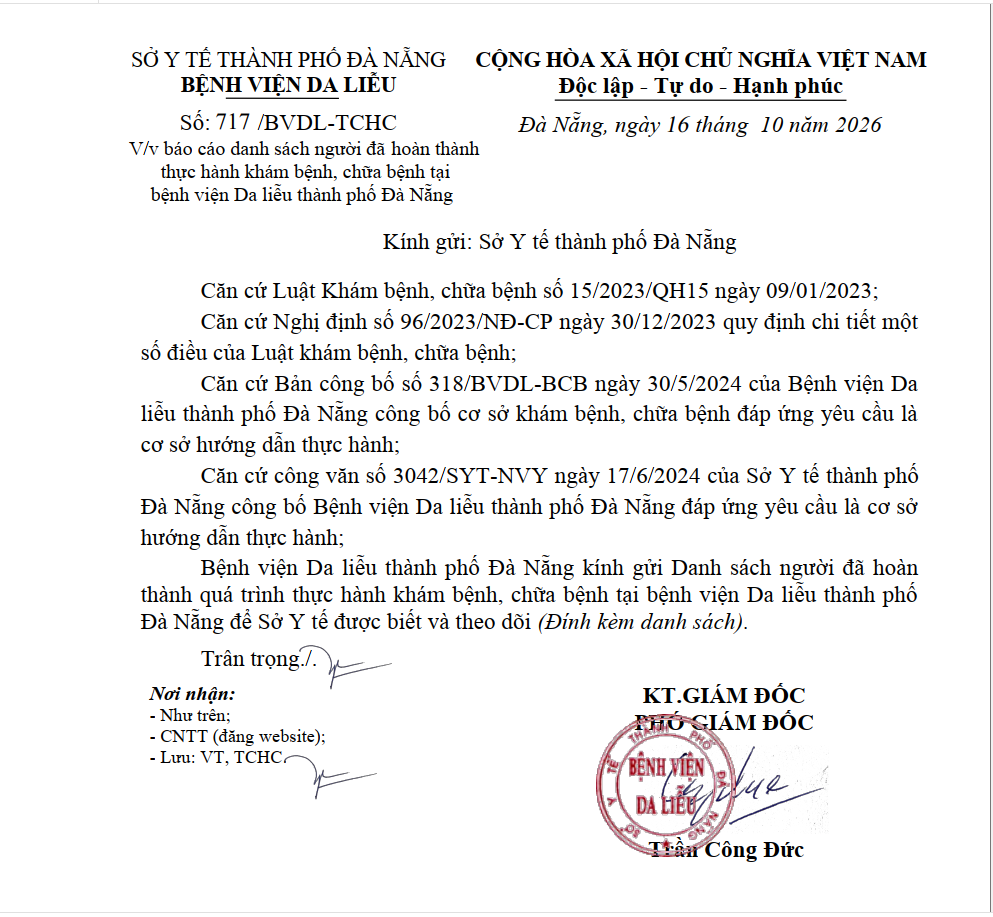 Báo cáo danh sách người đã hoàn thành thực hành khám bệnh, chữa bệnh tại bệnh viện Da liễu thành phố Đà Nẵng